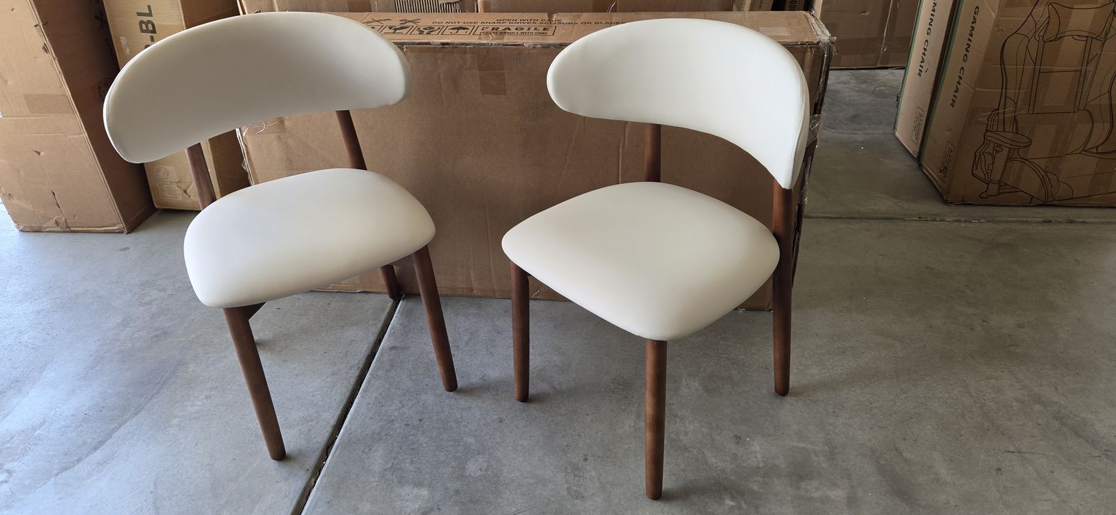 NEW! Dining Chairs Set of 2, Curved Back, Modern Faux Leather, Cushioned, Walnut Wood Legs – Beige