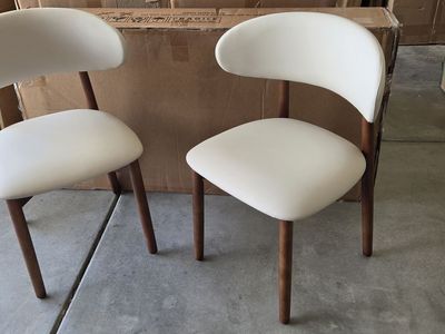 NEW! Dining Chairs Set of 2, Curved Back, Modern Faux Leather, Cushioned, Walnut Wood Legs – Beige