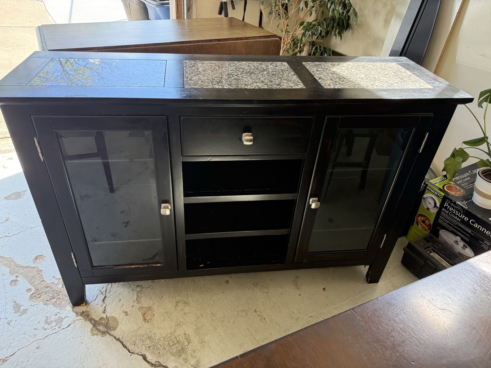 Black Buffet Server Cabinet with Granite Top and Glass Doors