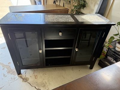 Black Buffet Server Cabinet with Granite Top and Glass Doors