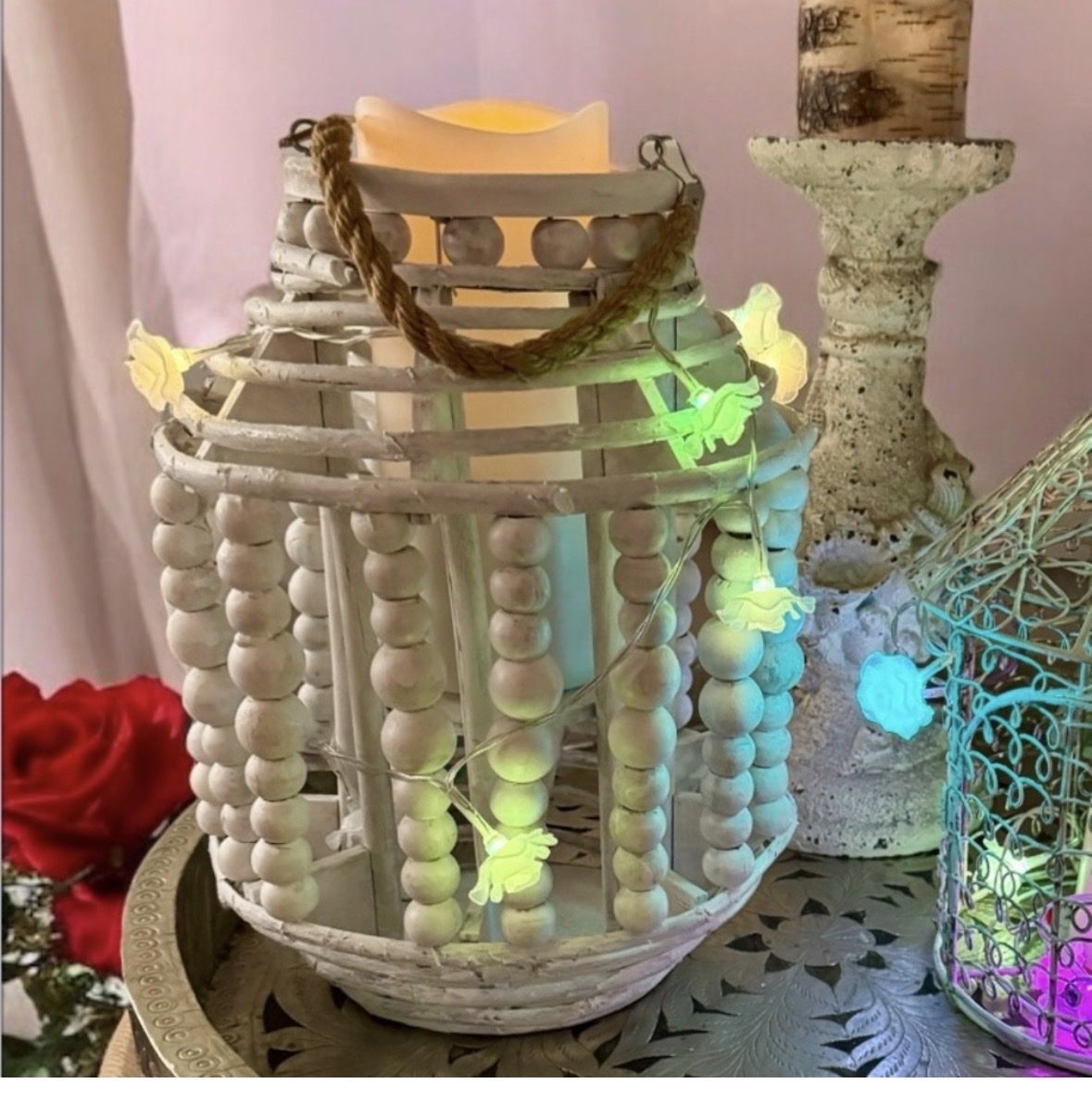 Shabby Chic White Wood Beaded Candle Lantern with Rope Handle - Cottagecore Decor
