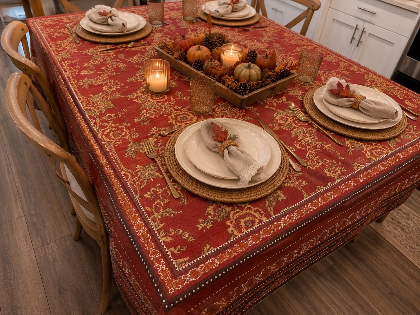 Red Floral Tablecloth with Ornate Border