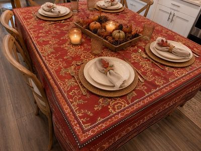 Red Floral Tablecloth with Ornate Border