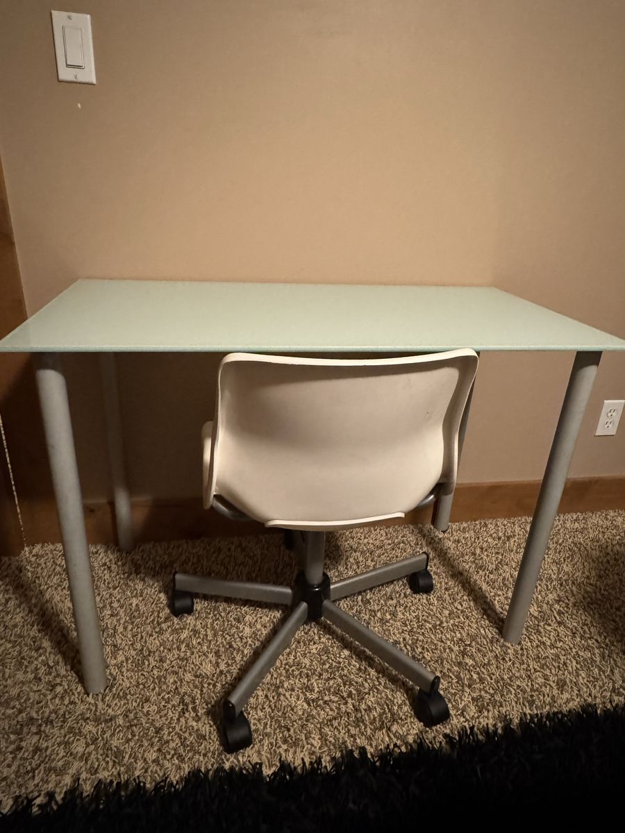 IKEA Frosted Glass Desk with IKEA White Swivel Office Chair