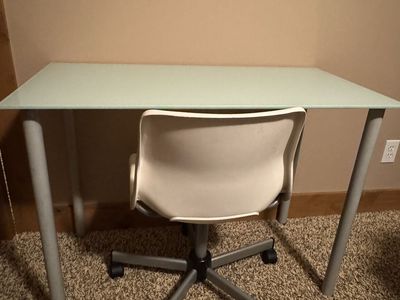 IKEA Frosted Glass Desk with IKEA White Swivel Office Chair