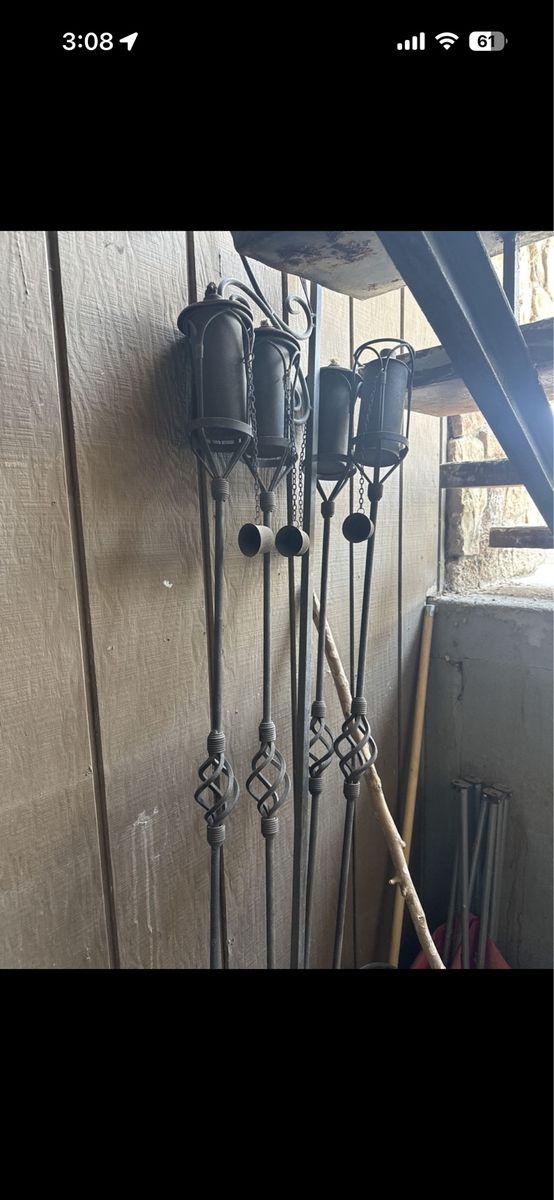 Vintage Style Wrought Iron Garden Torches - Set of 4 with Scrollwork Design One shepherds hook for hanging basket.