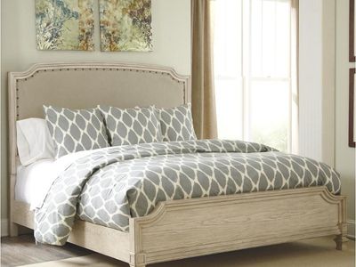 Ashley Demarlos Farmhouse Chic White Washed Rustic Wood 5pc King Bedroom Set - Dresser, 2 Nightstands , Chest, Bed Frame