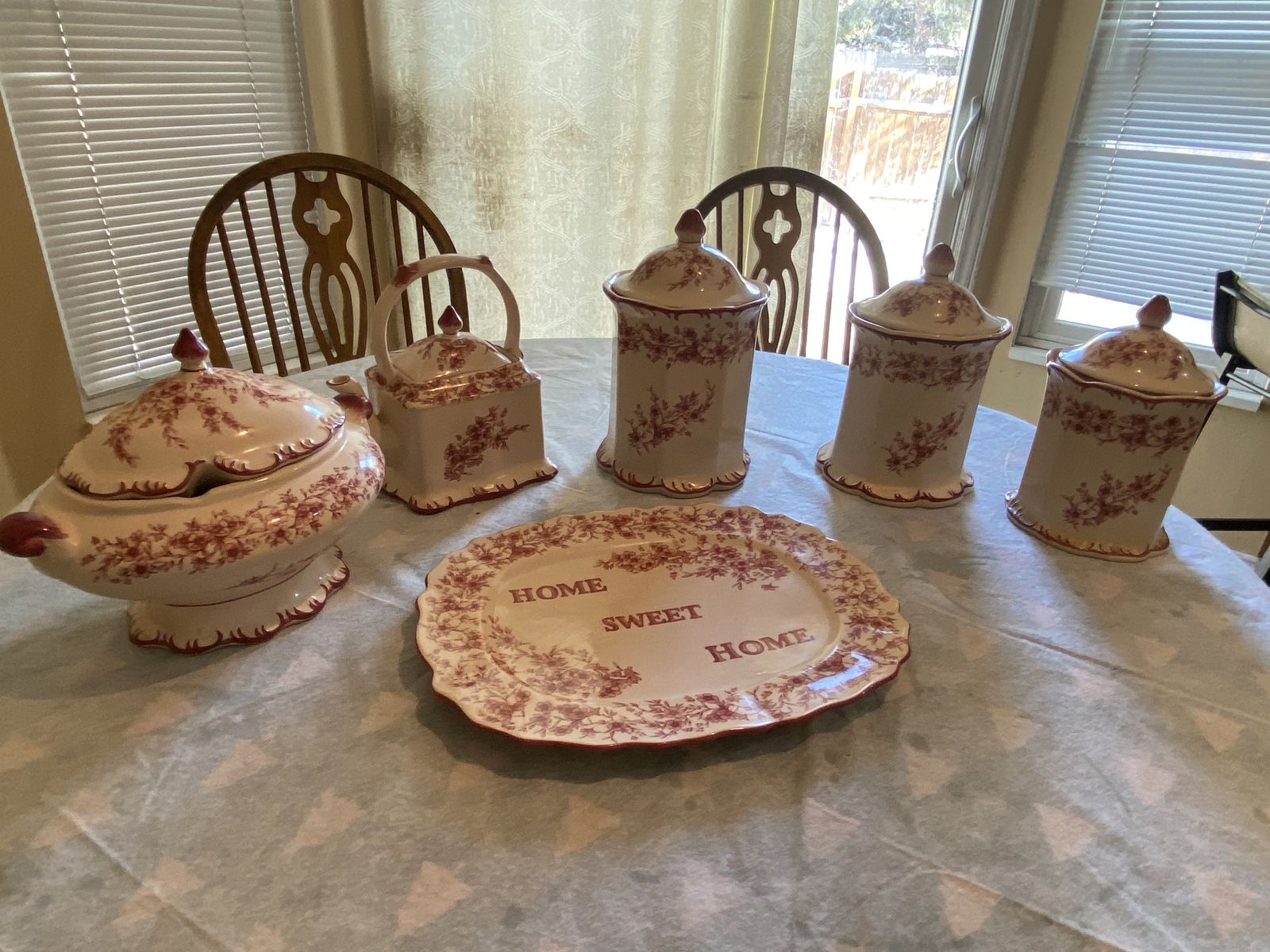 Vintage Cracker Barrel "Home Sweet Home" Burgundy Floral Pottery Collection
