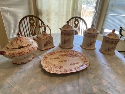 Vintage Cracker Barrel "Home Sweet Home" Burgundy Floral Pottery Collection