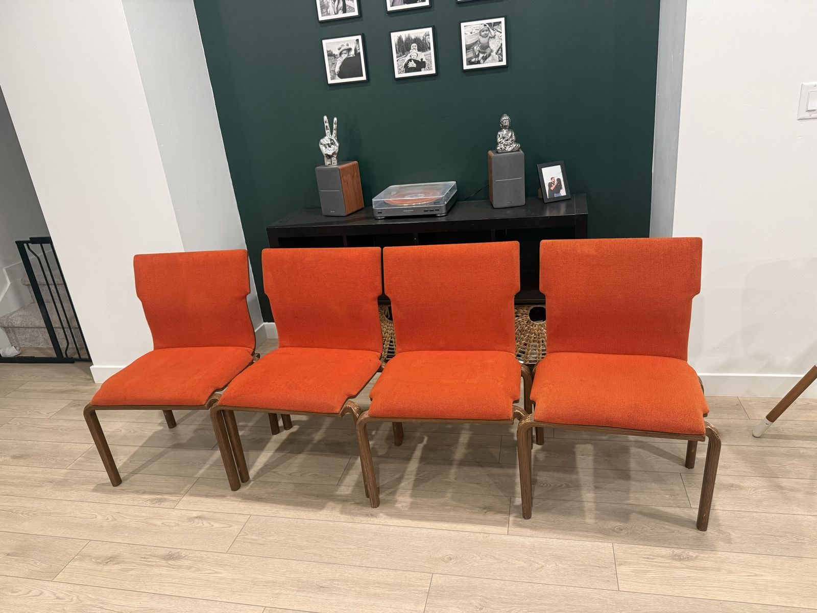 Set of 4 Mid-Century Modern Orange Fabric & Wood Dining Chairs