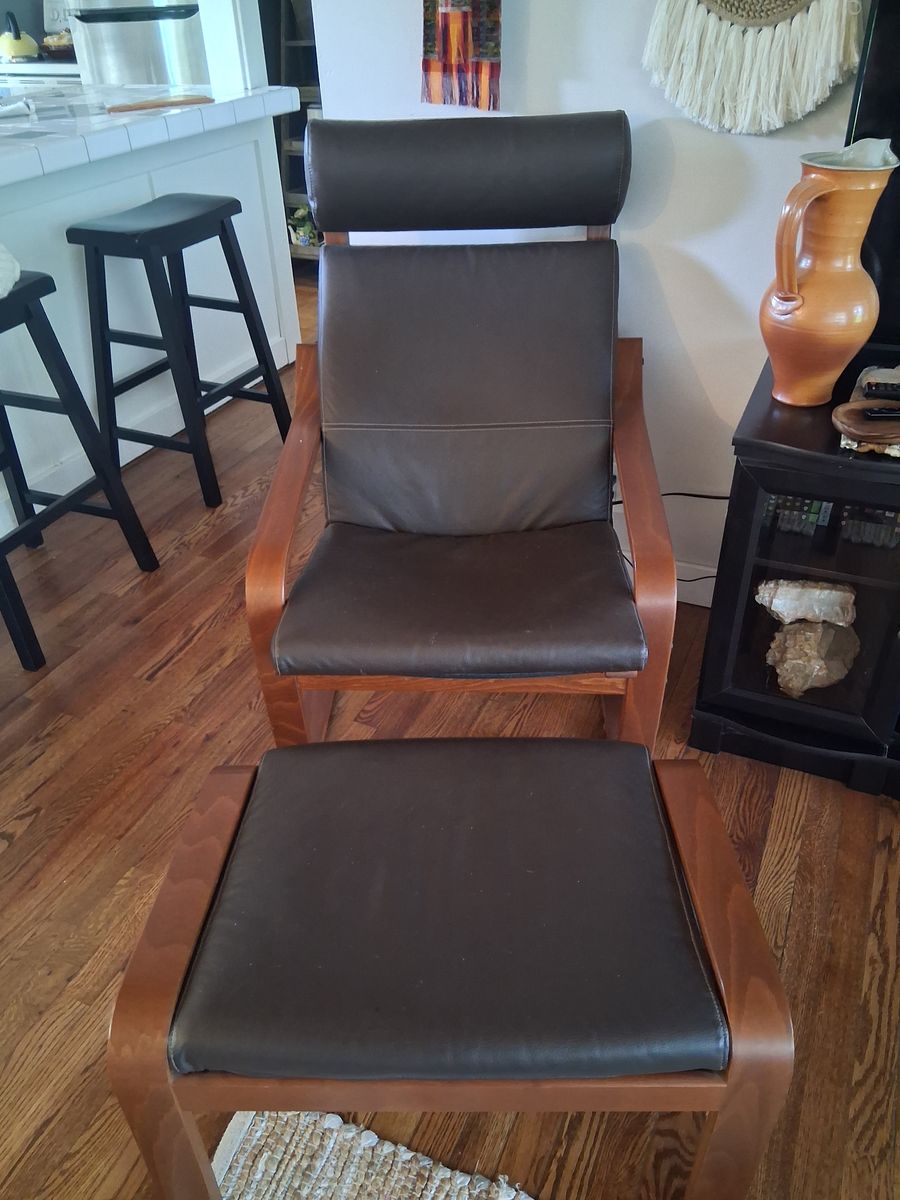 Black Leather and Wood Chair and Ottoman