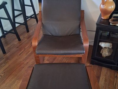 Black Leather and Wood Chair and Ottoman