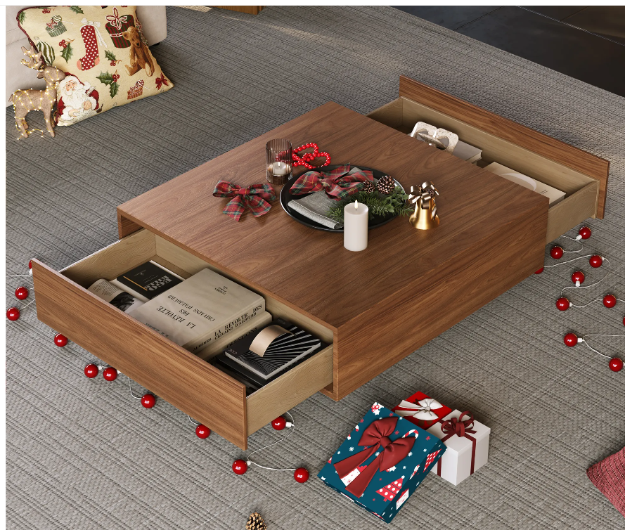 POVISION 35" Square Wood Coffee Table with Storage Drawers