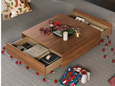 POVISION 35" Square Wood Coffee Table with Storage Drawers