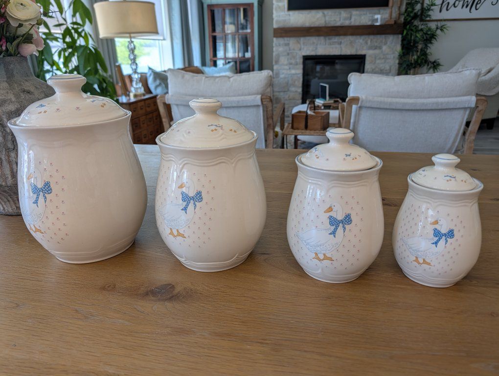 Tienshan Geese Canister Set of 4. stoneware Goose Blue ribbon