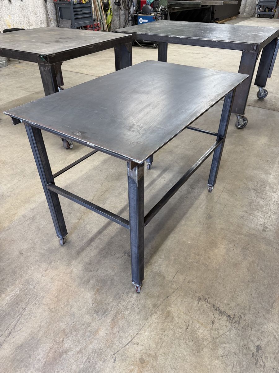 Custom Welded Steel Work Table with Casters - Heavy Duty Industrial Shop Bench
