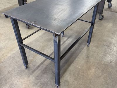 Custom Welded Steel Work Table with Casters - Heavy Duty Industrial Shop Bench