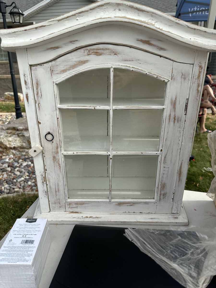Distressed White Wood Curio Display Cabinet with Glass Door - Shabby Chic Wall Decor
