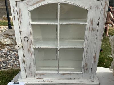 Distressed White Wood Curio Display Cabinet with Glass Door - Shabby Chic Wall Decor