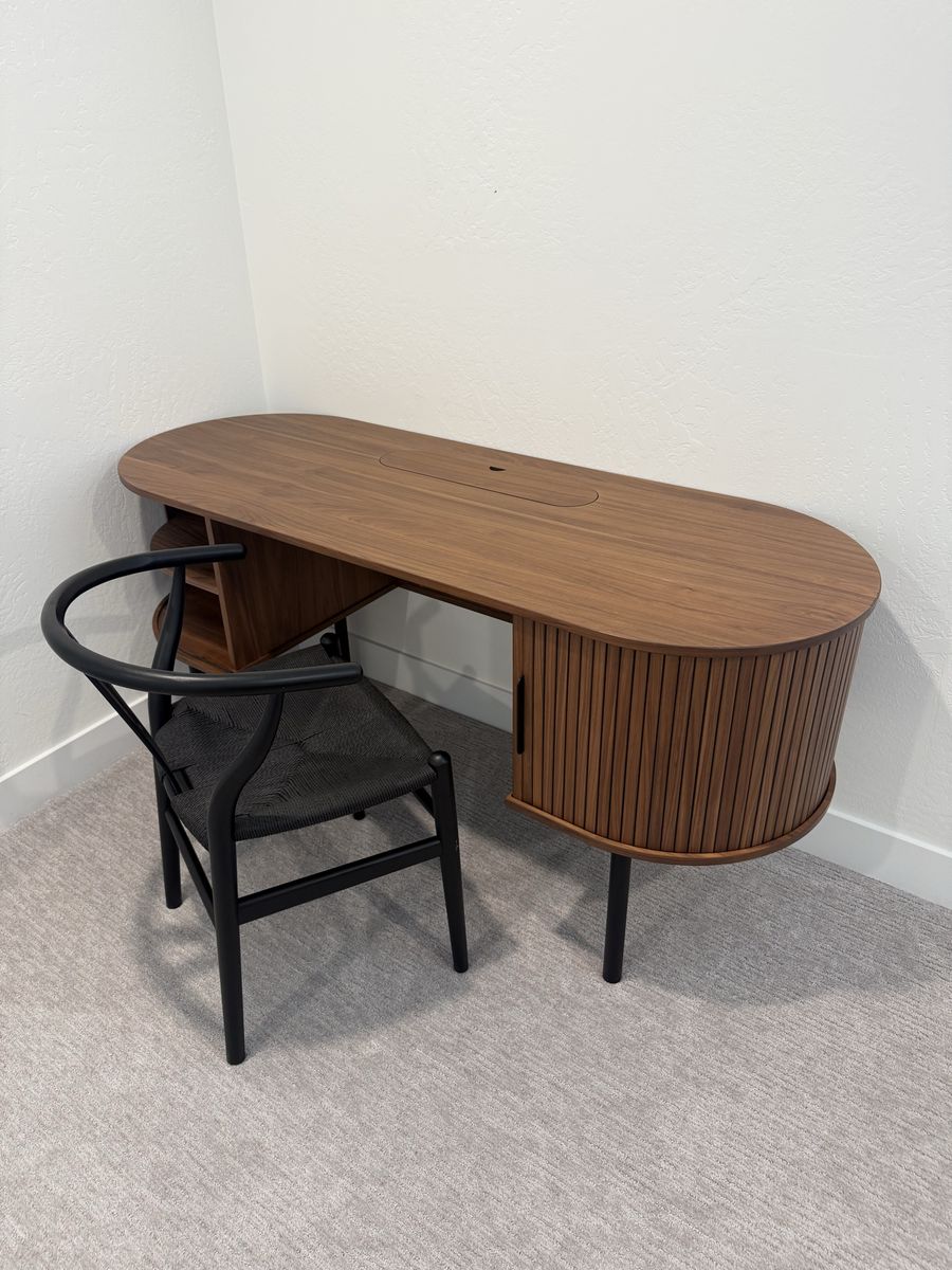 Modern Walnut Oval Desk with Integrated Storage and Cable Management - Excellent Condition