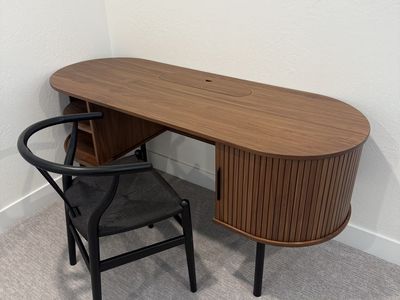 Modern Walnut Oval Desk with Integrated Storage and Cable Management - Excellent Condition