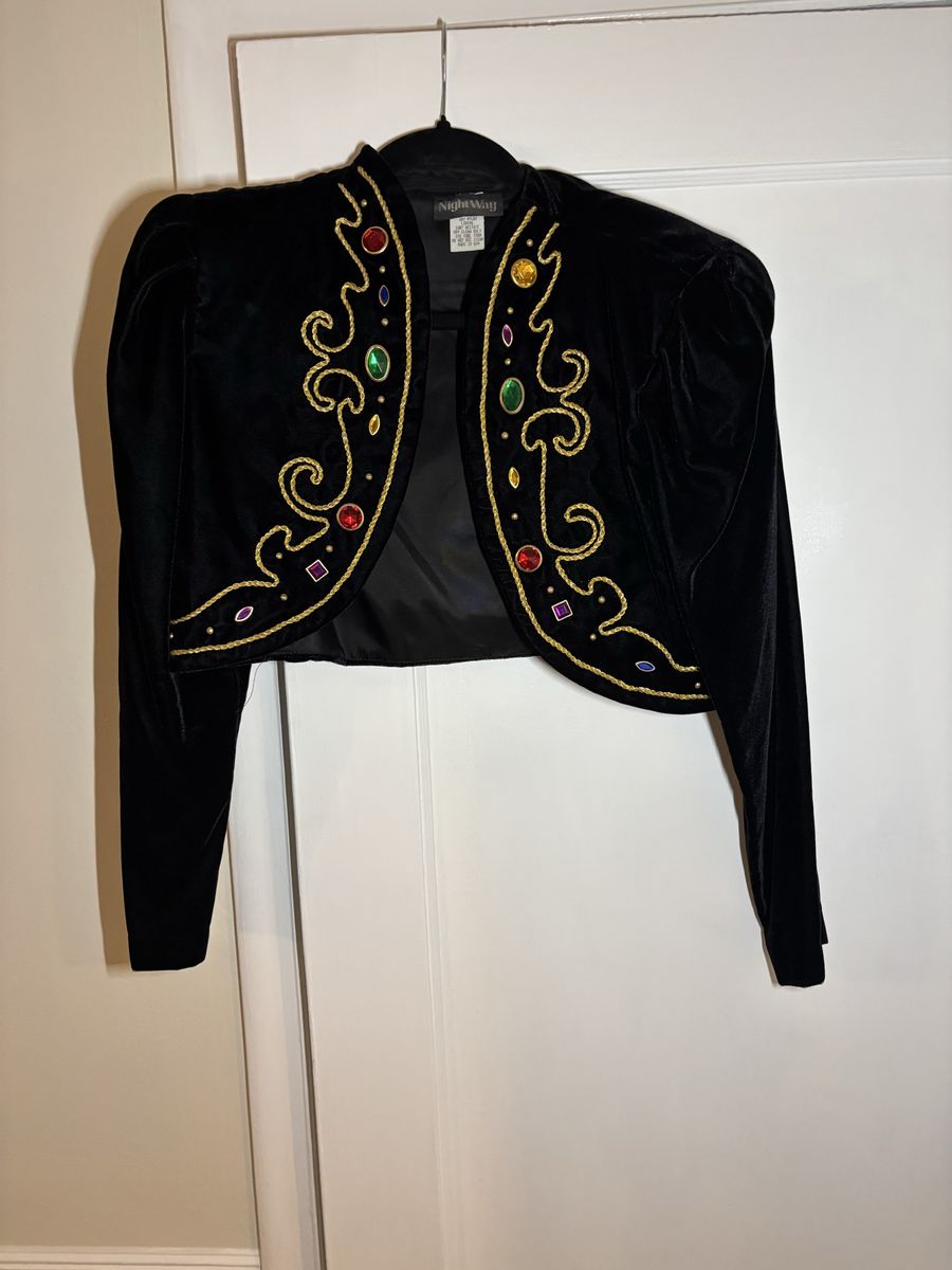 Vintage NightWay Black Velvet Cropped Bolero Jacket Jeweled Size 10
