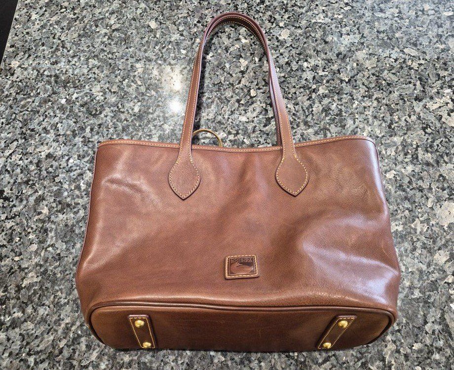 Dooney & Bourke Florentine7l Brown Leather Tote Bag - Red Interior, Gold Hardware