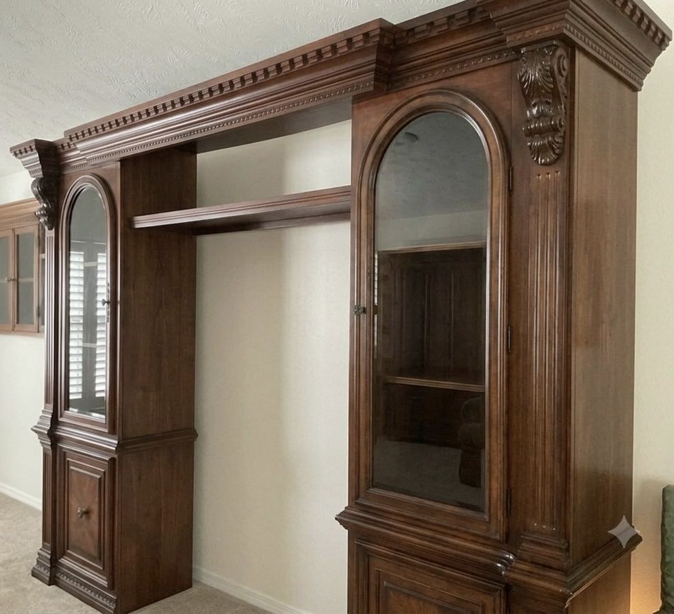 Modular Luxury: Ornate Cherry-Stained Side Towers & Library Units (6 pieces)