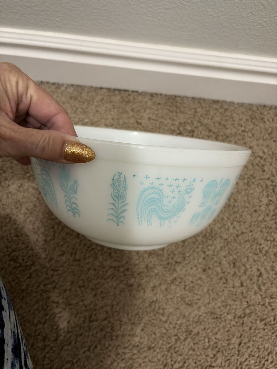 Vintage Pyrex White Milk Glass Mixing Bowl with Turquoise Rooster and Cornflower Print