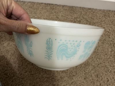 Vintage Pyrex White Milk Glass Mixing Bowl with Turquoise Rooster and Cornflower Print