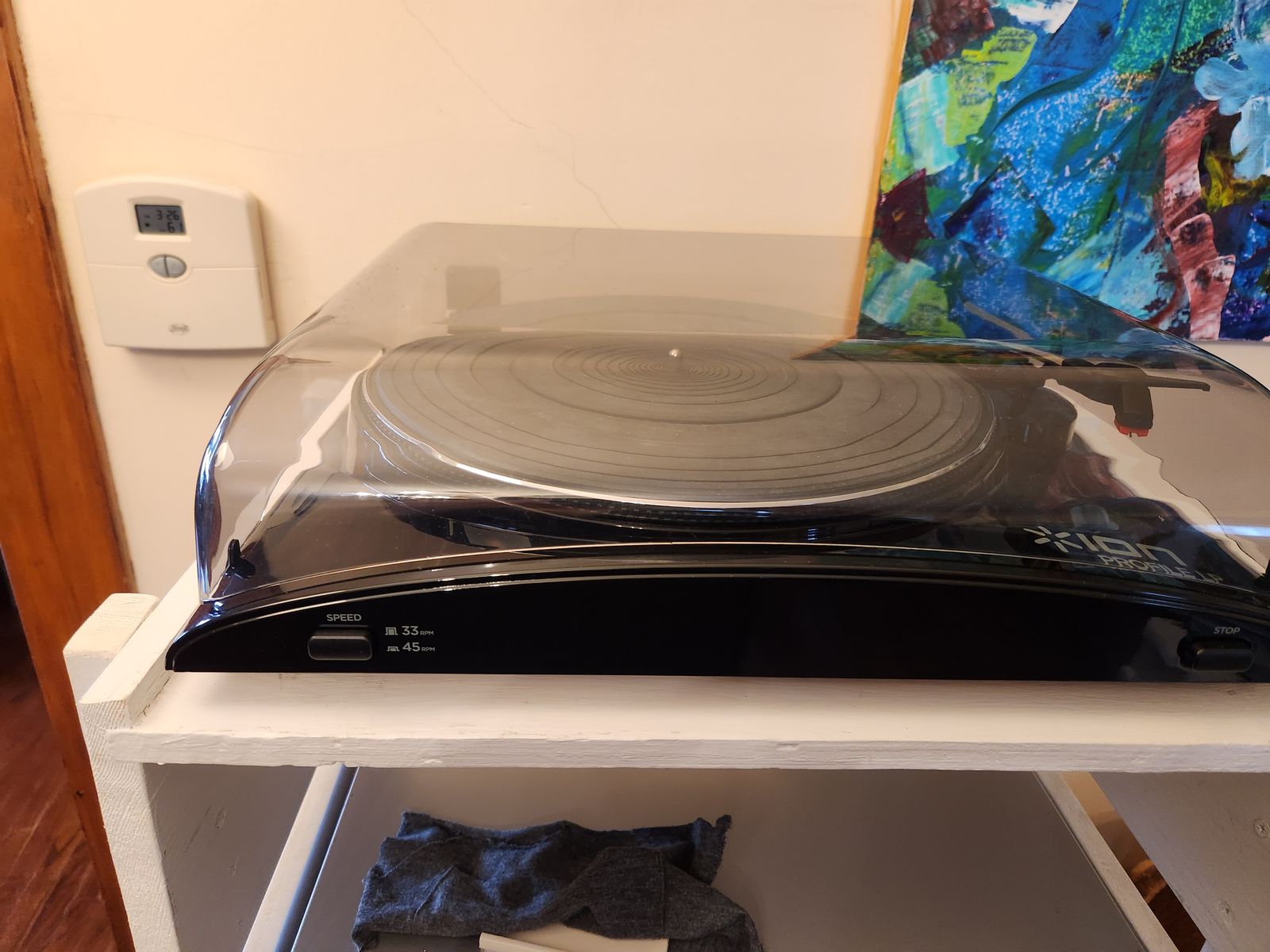 Ion Profile turntable. Plays great and good needle. Has a USB jack so you can record to your computer.