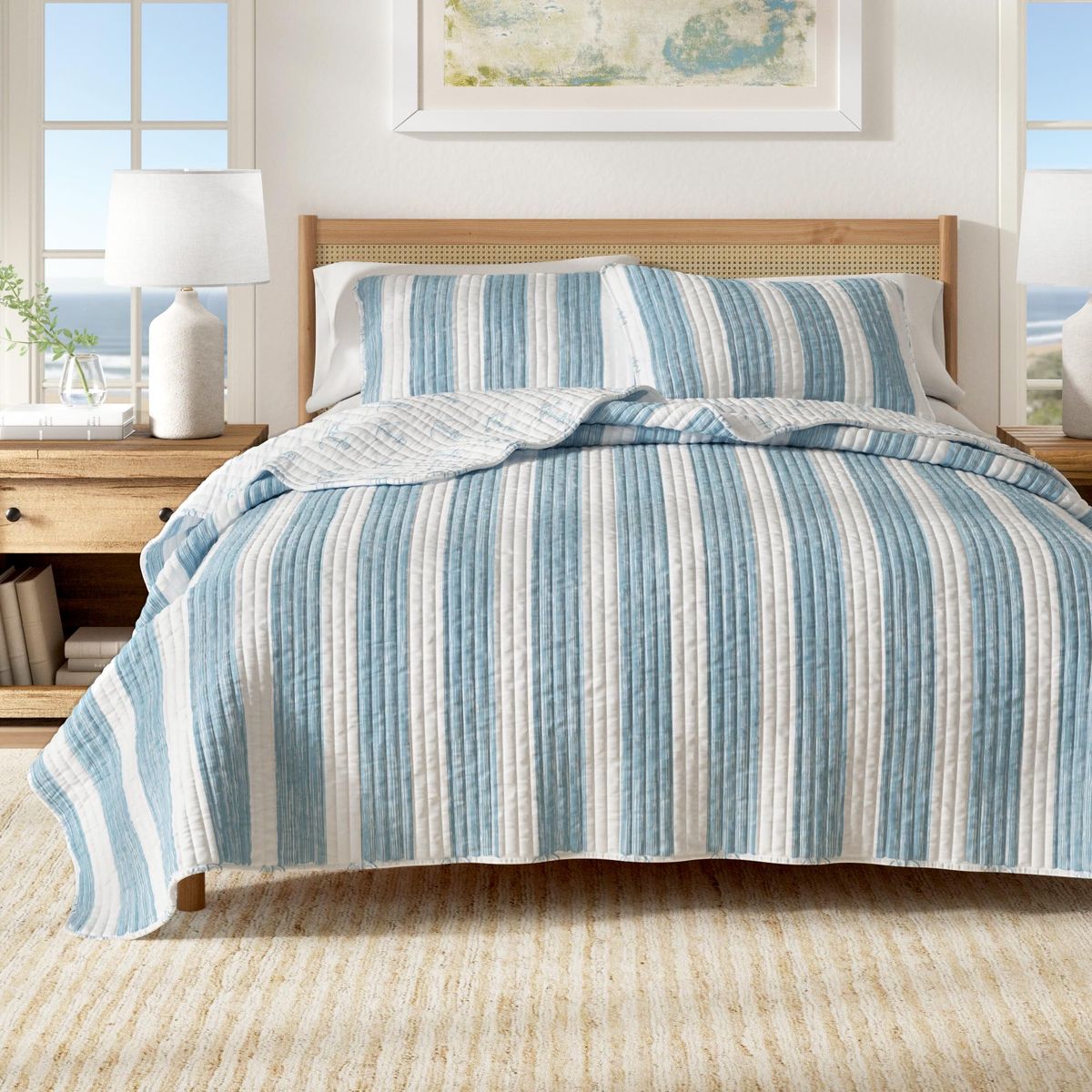 Coastal Blue & White Striped Quilt Set with Anchor Stitching, OEKO-TEX Certified, Quality Microfiber