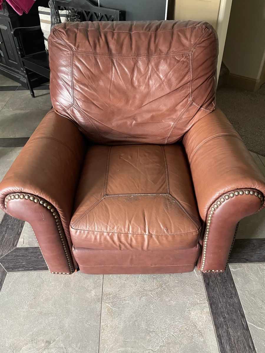Brown Leather Recliner Armchair with Nailhead Trim