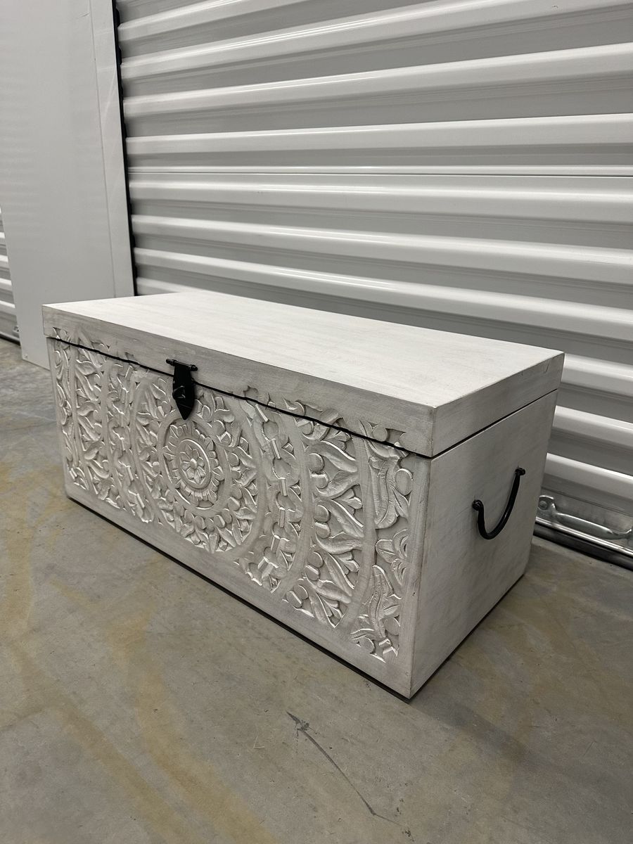 White Carved Wood Storage Trunk / Coffee Table Chest (medium)