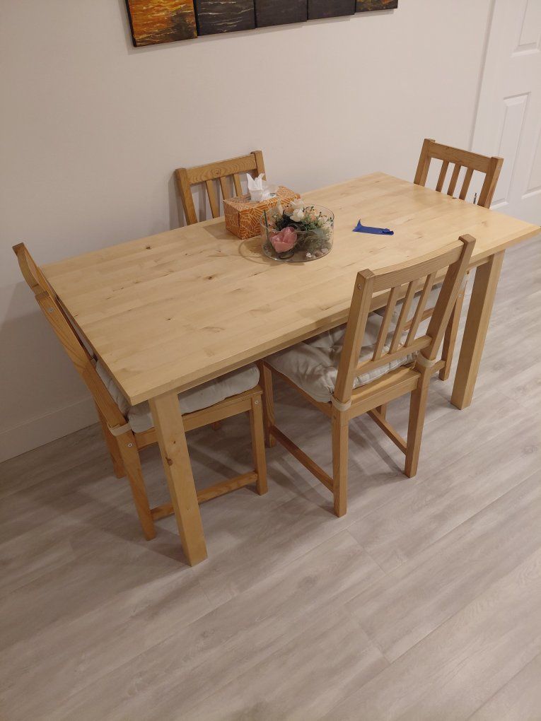 IKEA Lerhamn Table with 4 Adde Chairs and Cushions - Light Wood Dining Set