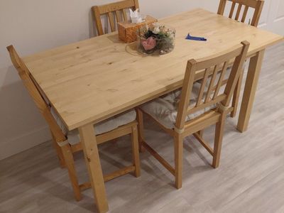 IKEA Lerhamn Table with 4 Adde Chairs and Cushions - Light Wood Dining Set