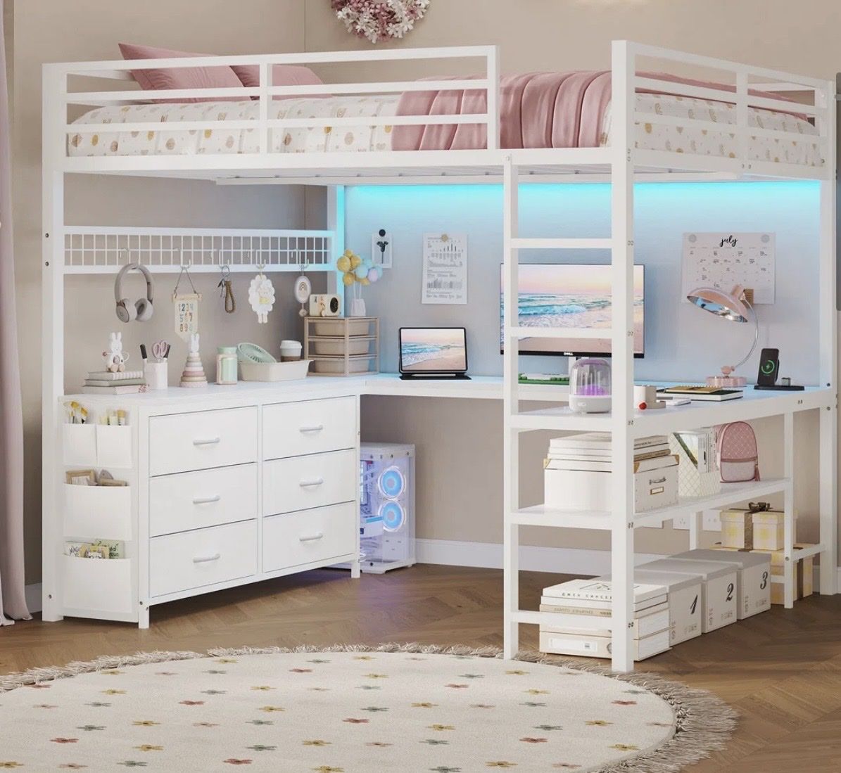 White Metal Twin Size Loft Bed with Desk, Drawers, Shelves & Guardrails - Space Saving U-Shaped Design