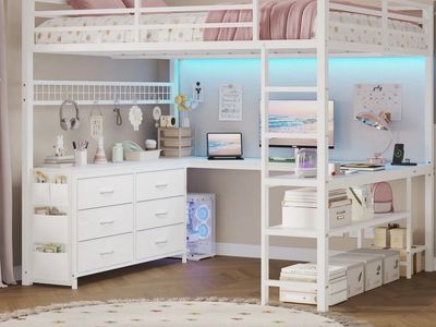 White Metal Twin Size Loft Bed with Desk, Drawers, Shelves & Guardrails - Space Saving U-Shaped Design