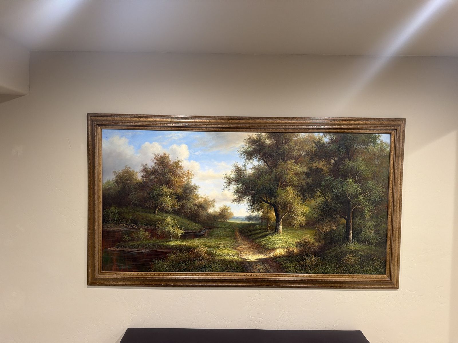Large Framed Oil Painting - Idyllic Landscape with Path & Trees, 80" x 43.5"