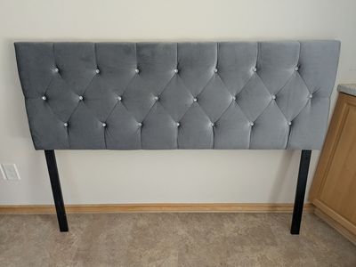 Queen Size Grey Velvet Tufted Headboard with Crystal Accents