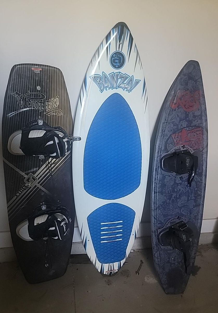 Set of 3 Water Sports Boards: 2 Wakeboards with Bindings & 1 Banzai Wakesurf Board