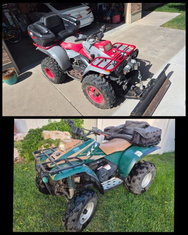 Polaris Sportsman 4x4 300/350 ATVs - Red/Gray with Plow, Green with Rear Bags (2 ATVs)