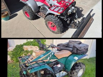 Polaris Sportsman 4x4 300/350 ATVs - Red/Gray with Plow, Green with Rear Bags (2 ATVs)