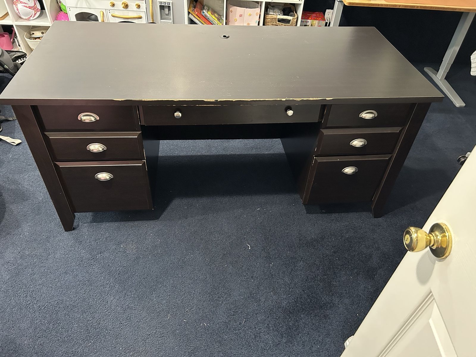 Dark Brown Wood Desk with 2 Drawers, 2 File Cabinets, and Keyboard Tray