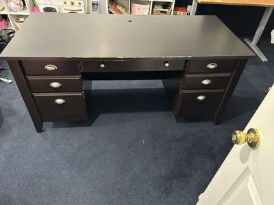 Dark Brown Wood Desk with 2 Drawers, 2 File Cabinets, and Keyboard Tray