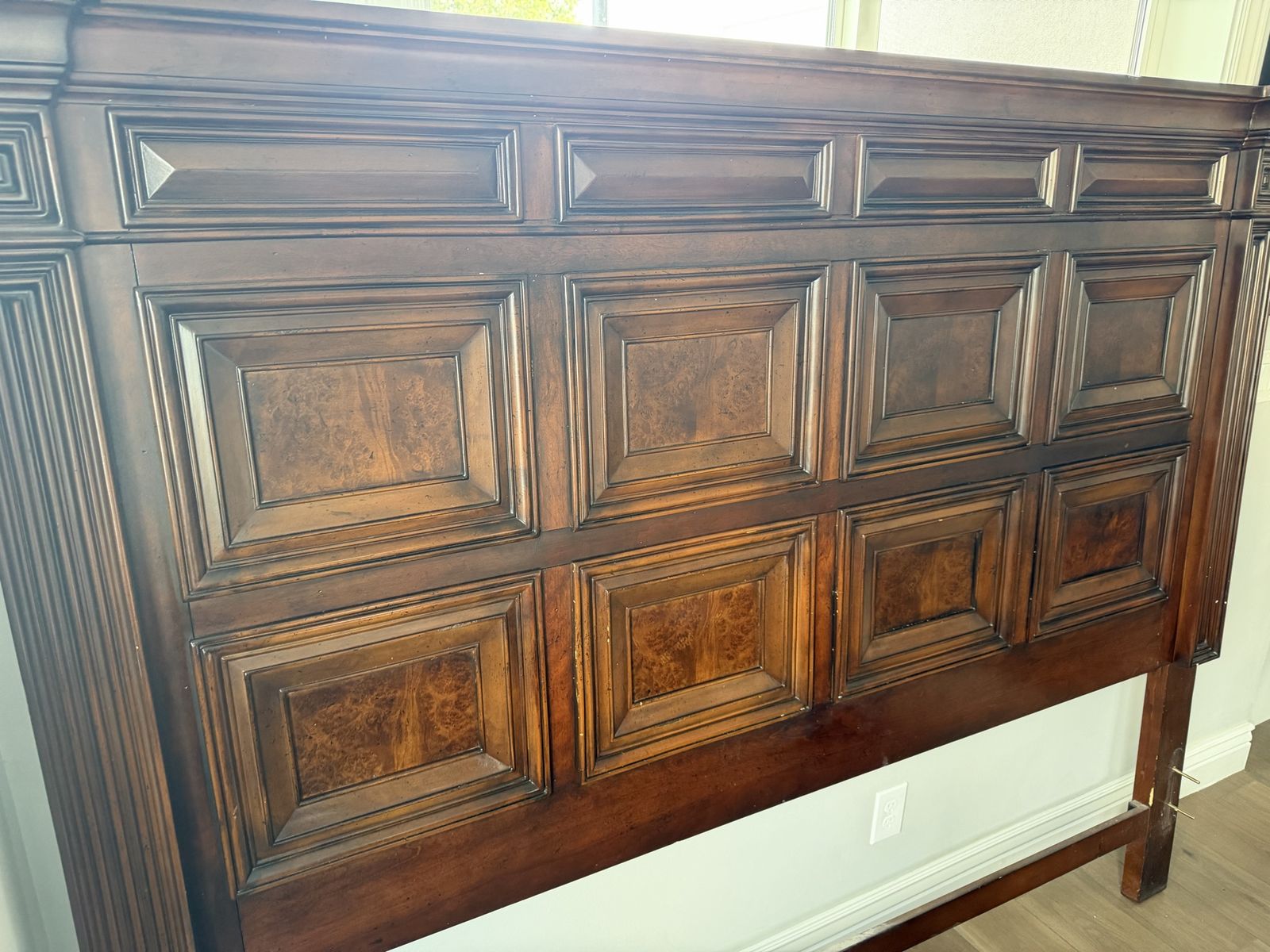 High-end Elegant King Size Wooden Headboard - Traditional Dark Wood Panel Design