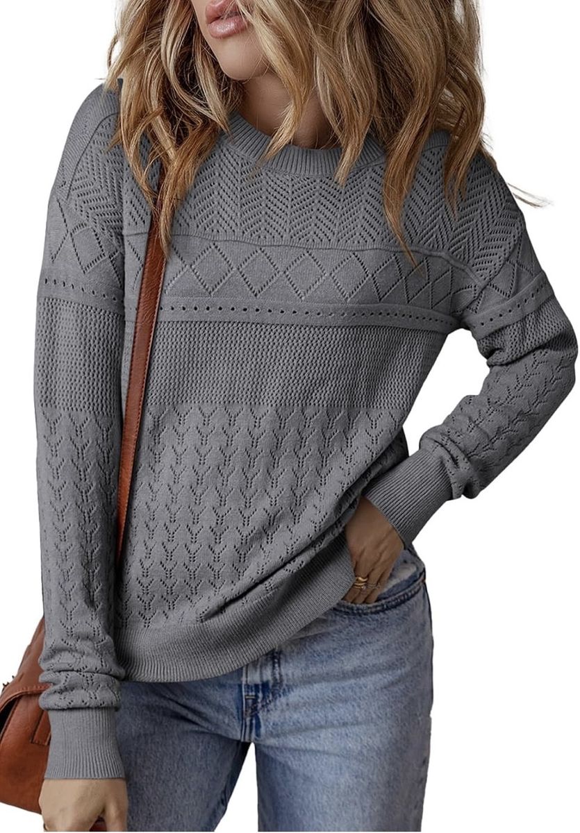Women's Grey Textured Knit Crewneck Sweater - Size Large