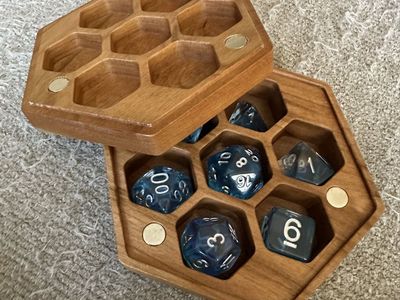 Handcrafted Hexagonal Wooden Dice Box with Magnetic Lid & Full 7-Piece D&D Dice Set