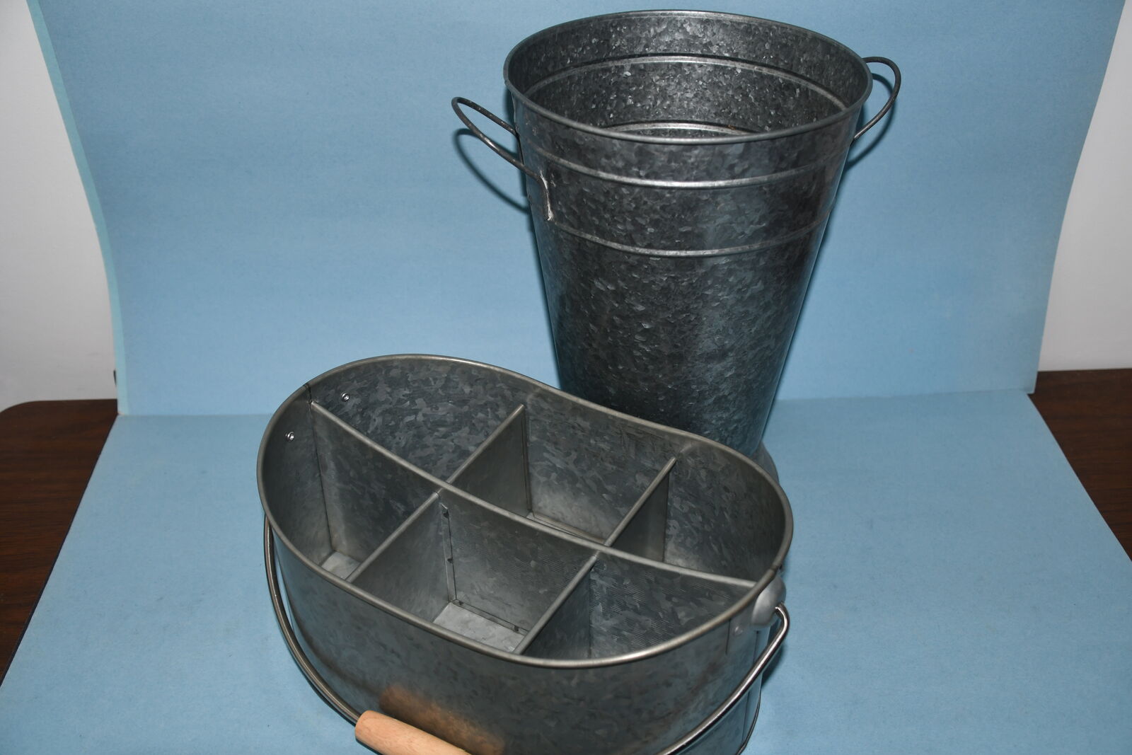 GALVANIZED METAL DIVIDED CONTAINER with HANDLE + LARGE GALVANIZED METAL CONTAINER with HANDLES ~ BOTH FOR $5