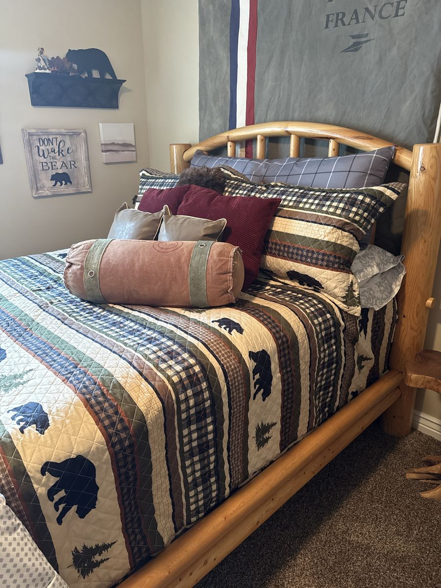 Rustic Log Cabin Style Timber Queen Bed Frame with Mattress & Box Spring - Solid Wood